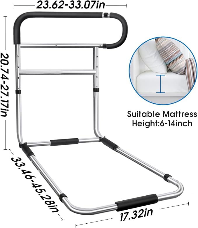 Bed Rails for Elderly Adults Safety, Stainless Steel Bed Assist Rail with Adjustable Side Railings for Seniors Bedside Fall Prevent Grab Bar with Storage Pocket, Fits King Queen Full Twin Bed