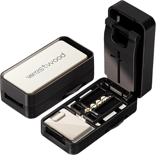 Pill Cutter - 1/4 & 1/2 Pill Splitter for Small Tiny Large Pills Professional | Hidden Blade & Sealed Storage | Adjustable & Cuts Multiple Tablets | Includes Cleaning Brush (Black)