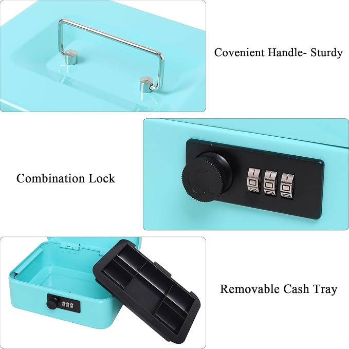 Jssmst Medium Cash Box with Combination Lock - Durable Metal Cash Box with Money Tray,light blue,7.87 x 6.3 x 3.35 inches