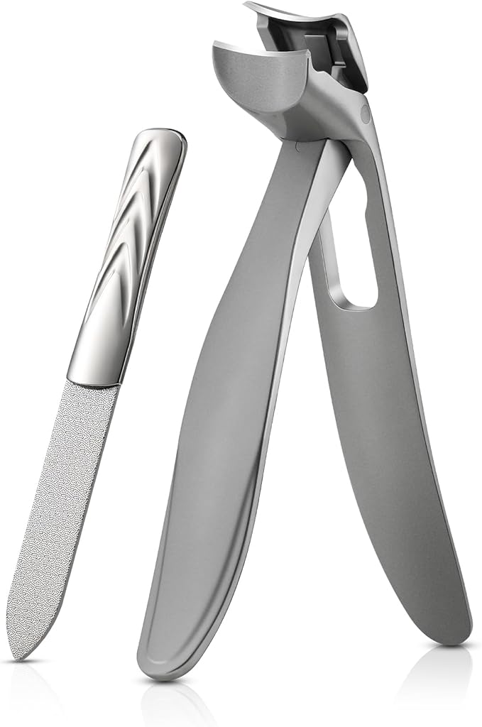 BEZOX Ergonomic Angled Head Thick Toenail Clipper for Seniors - Large Nail Clippers for Thick and Ingrown Nails with Metal Nail File, Premium Nail Cutter Fingernail Clipper for Men and Women - Silver