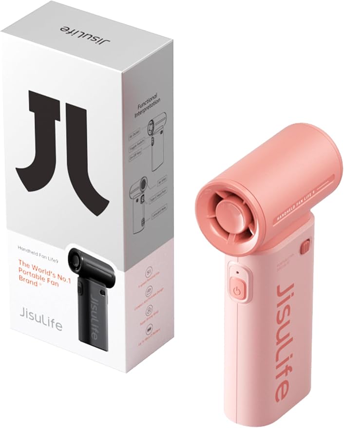 JISULIFE Portable Handheld Fan Life9, Turbo Airflow, Up to 12H Runtime | 5 Speeds, 3600mAh, Mini Pocket Design, Personal Fan for Travel, Concerts, Makeup, Trendy Gifts for Women Men -Pink