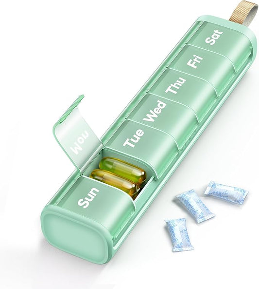Weekly Medicine Pill Organizer, 7 Day Daily Pill Box Case Travel with Portable Handle, Moisture-Proof Desiccant & Secure Hinges for Vitamins, Medication Supplements