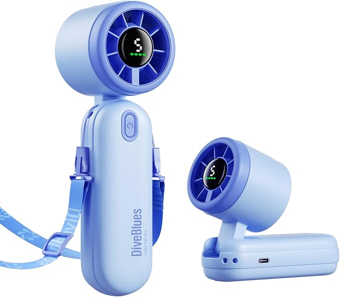 Diveblues Mini Portable Handheld Turbo Fan 27ft/s, 4000mAh Battery | 12H Max Cooling, 5 Speeds, LED Display, Quiet Motor, 3-in-1 Handheld/Neck/Desk Fan for Travel, Cruise & Disney Essentials