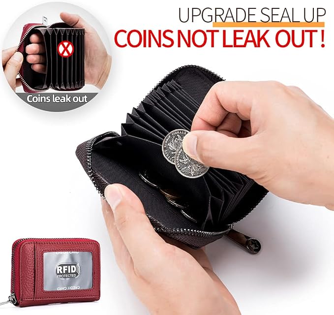 Genuine Leather Credit Card Wallet Accordion Zipper Rfid Credit Card Holder Small Coin Purse with ID Window (wine red)