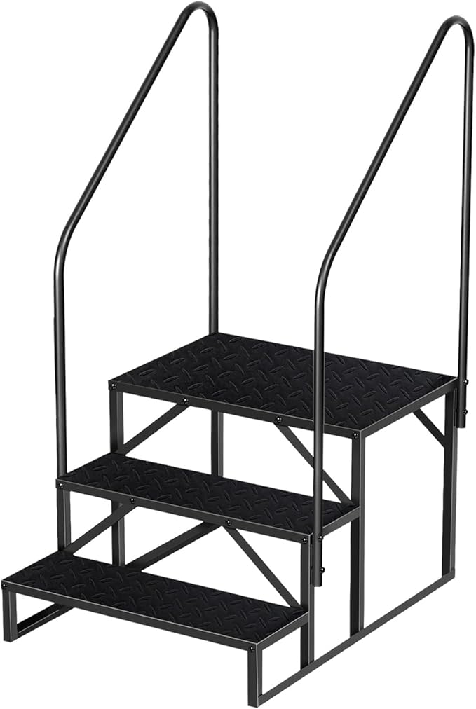 Step Ladder, Heavy Duty Pool Ladder Above Ground 660Lbs, Camper Steps Outdoor Steps RV Stairs for Reaching High, Portable Home Stairs for Travel Trailer (3 Step, Double Handle)
