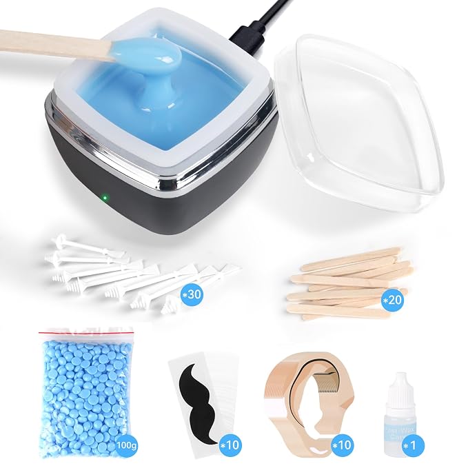 Nose Wax Kit - Portable Ear Nose Hair Waxing Kit for Men and Women with 100g Ｗax, 10 Applicators, 40 Nose Hair Sticks, 10 Mustache & 10 Ear Protectors, Wax Warmer Kit for Hair Removal