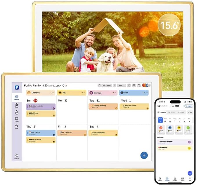 ANKRA 15.6" Digital Calendar, No Subscription Electronic Wall Calendar, Interactive Touchscreen Display for Family Schedules, Meal Planner, Chore Chart with Rewards, Digital Photo Frame, Wall & Desk Mountable (Gold)
