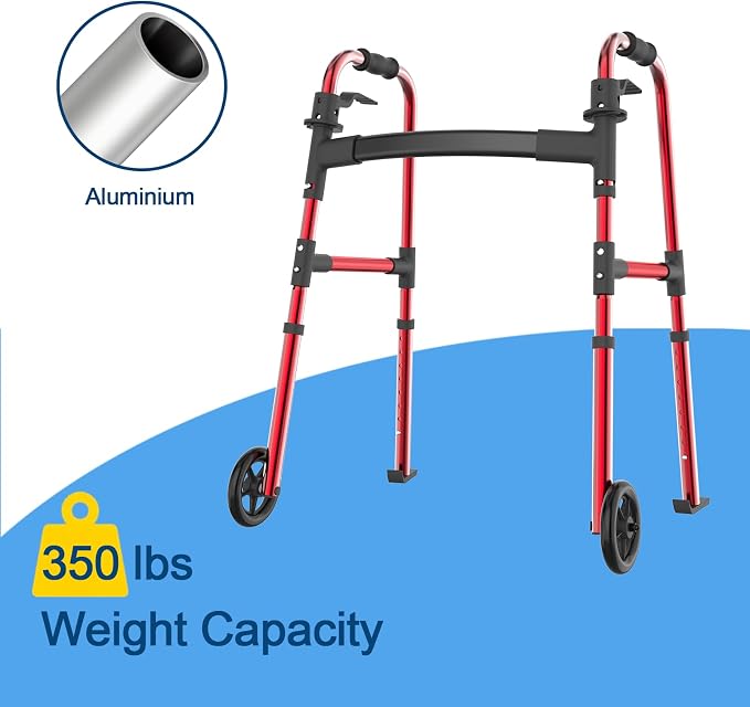 Loyoda Folding Walker for Seniors, Aluminum Front Wheel Walker, Ski Glides | 5" Front Wheels, Height Adjustable, Trigger Release Folding, Lightweight Standard Walker for Limited Mobility, Red
