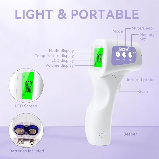 Berrcom 3-in-1 Non-Contact Infrared Forehead Thermometer, Purple | Digital fever check temperature gun for baby, infant, kids & adults, batteries included, fast accurate reading, JXB-178
