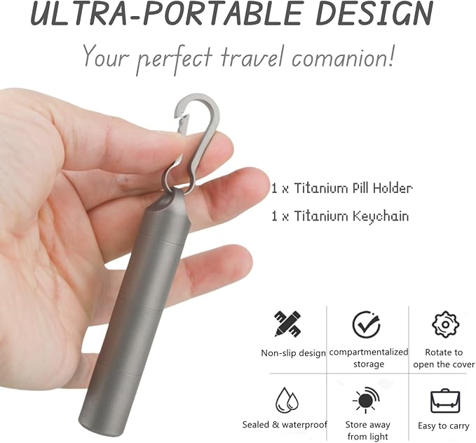 Titanium Keychain Pill Holder - Waterproof 3-Compartment, Gray | Premium pure titanium with a matching keychain. 3 detachable layers for travel. Odorless, rustproof EDC pill organizer