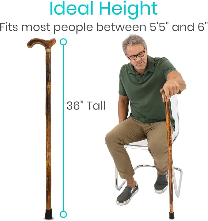 Vive Wooden Walking Stick Cane - for Men, Women, & Seniors - 36 Inch Single Point Rubber Tip with Willow Handle - Ergonomic Grip for Balance & Stability - Lightweight Elderly Assistance Product
