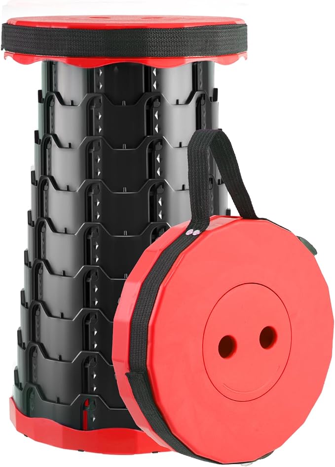 Doseno Portable Stool for Adults, Collapsible Stool, Portable Seat, Red | Upgraded foldable stool, thick PP; portable folding stool with telescoping and retractable design for fishing, hiking and BBQ