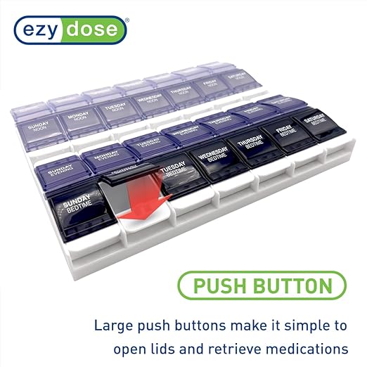 Ezy Dose Push Button Weekly 7-Day, 4X Per Day Pill Organizer, Grey, 2XL | Weekly Pill Case, Medicine Planner, Daily Vitamin Organizer, 4 Times a Day, Arthritis Friendly Push Button Lids, BPA Free