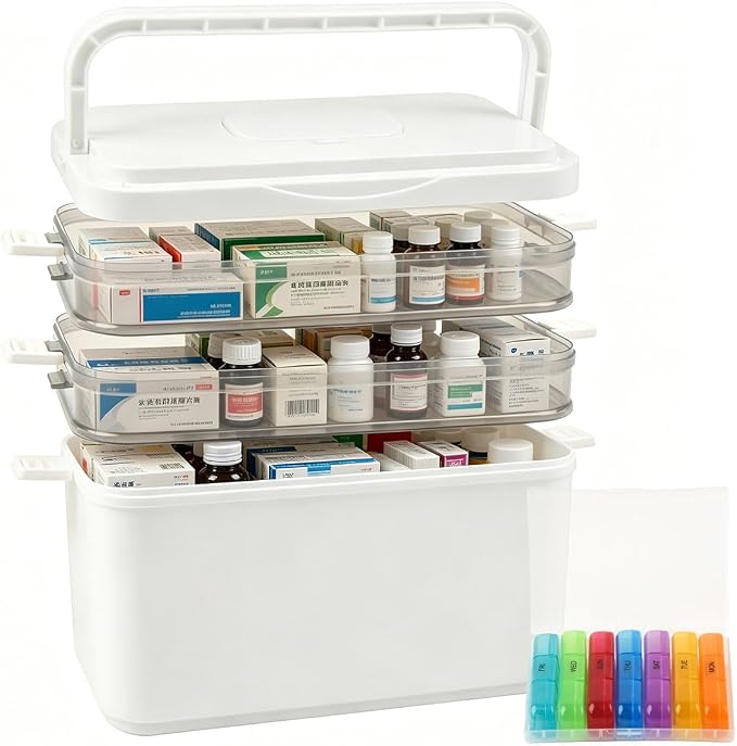 BUYGOO 3-Tier Medicine Cabinet Organizer, Medicine Organizer Box, Portable Medicine Storage Box with Handle, Pill Bottle Organizer Storage, Empty First Aid Kit Container for Home, Travel