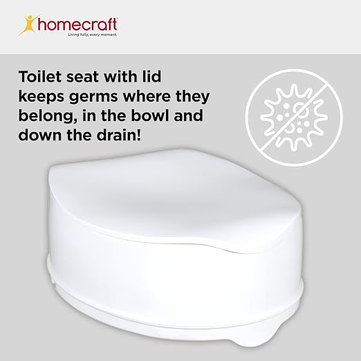 Homecraft Savanah Raised Toilet Seat 6" with Lid, Elongated & Elevated Lock Seat Support for Elderly, Handicapped and Disabled Users, White Colour | 6" raised toilet seat with lid adds seat height for seniors and users with limited mobility.