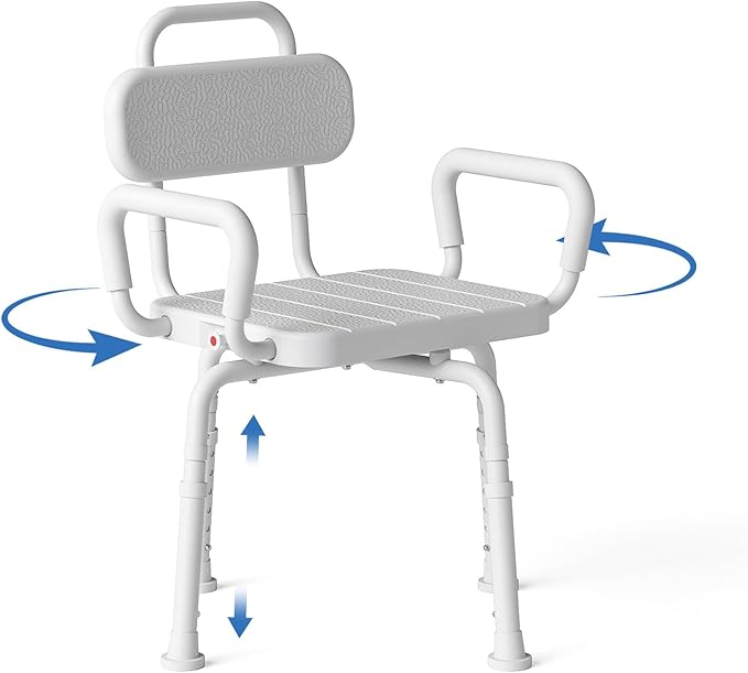 360° Swivel Shower Chair for Inside Shower, Removable Arms & Back, Adjustable Height Rotating Bath Chair for Seniors and Disabled，Tool-Free Assembly，White