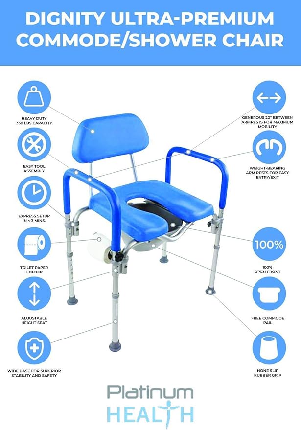 Dignity Ultra-Premium Padded Commode Shower Chair, Comfortable Raised Toilet Seat with Padded Arm Handles and Backrest, for Seniors, Elderly, Adjustable Height, Includes Commode Pail and Lid, Blue
