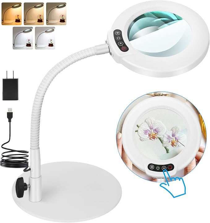 IVMAIE 12X Magnifying Glass with Light, Real Glass Lens, 5 Color Modes Dimmable, Flexible Gooseneck Lighted Magnifier with Stand, LED Desk Lamp Hands Free for Crafts Painting Reading Close Work, White