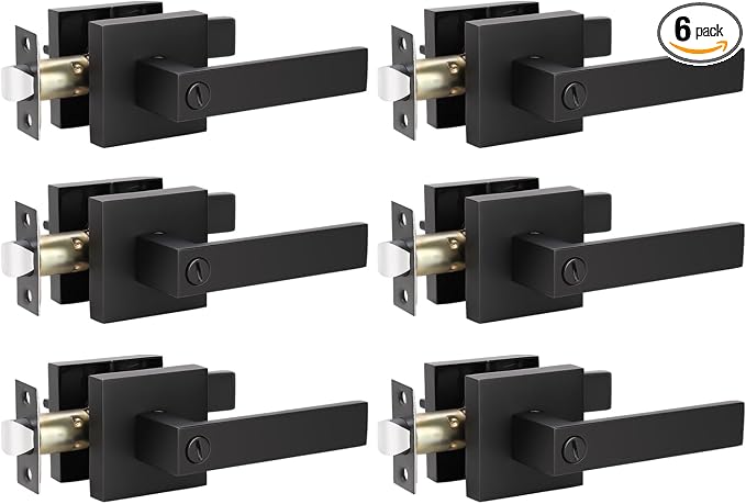 KNOBWELL 6 Pack Door Handles Black, Privacy Door Lever Bed and Bath Leverset Lockset, Left or Right Handing, Matte Black Finish