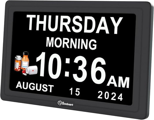 Soobest Dementia Digital Clock for Seniors Elderly, 20 Alarm Reminders 3 Ringtones for Memory Loss Alzheimers, Electric Time Date Day Large Display Calendar Clock, Auto DST, 1024 * 600P HD