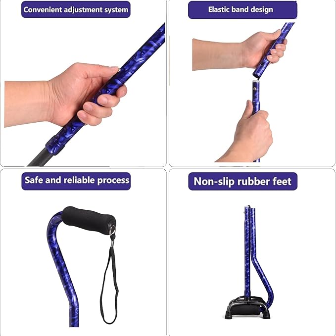 Walking Cane for Women & Men, Adjustable Quad Cane with 4-Prong Base for Stability and Balance, Folding Aluminum Walking Stick for Seniors
