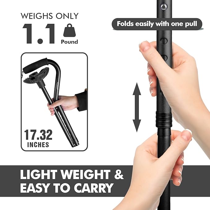GPTCAMP G1 Walking Stick, Walking Cane for Women & Men with Wrist Strap, Lightweight & Sturdy Offset EVA Handle, Large Quad Base, Self Standing for Seniors and People with Injuries & Recovery