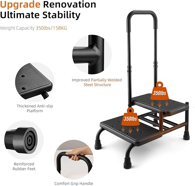 Step Stool with Handle, Non Slip Platform and Adjustable Handrail, Two Step Stool for Ederly, Adults and Handicap, Heavy Duty Foot Stool for High beds, Kitchen, Bathtub