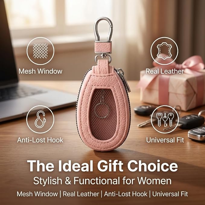 1PC Car Key Fob Case, Leather Car Key Holder for Purse, Automotive Smart Key fob Holder with Hook, for Remote Key Fob