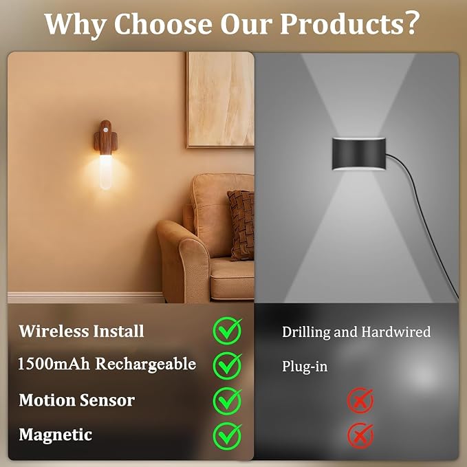 Battery Operated Motion Sensor Wall Sconces Set of 3, Motion Sensor Wall Light Wireless, Magnet Rechargeable LED Lights, Stairs Lights, Decor for Bedroom, Hallway, Living Room, Closet (Walnut Wood)