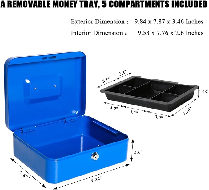 Jssmst Cash Box with Tray - Cash Box with Key Lock Safe Money Box with Cash Tray, Money Saving Box Lock Box for Money, 9.84'' x 7.87'' x 2.6'', Blue