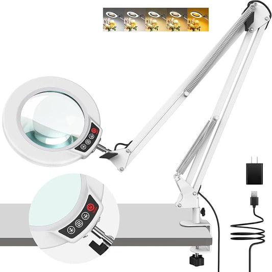 10X Magnifying Glass with Light and Clamp, Real Glass Stand Lighted Magnifier, 2*16 Arm 5 Color Modes Stepless Dimmable LED Desk Lamp Hands Free for Craft Hobby Reading Painting Close Work Large White