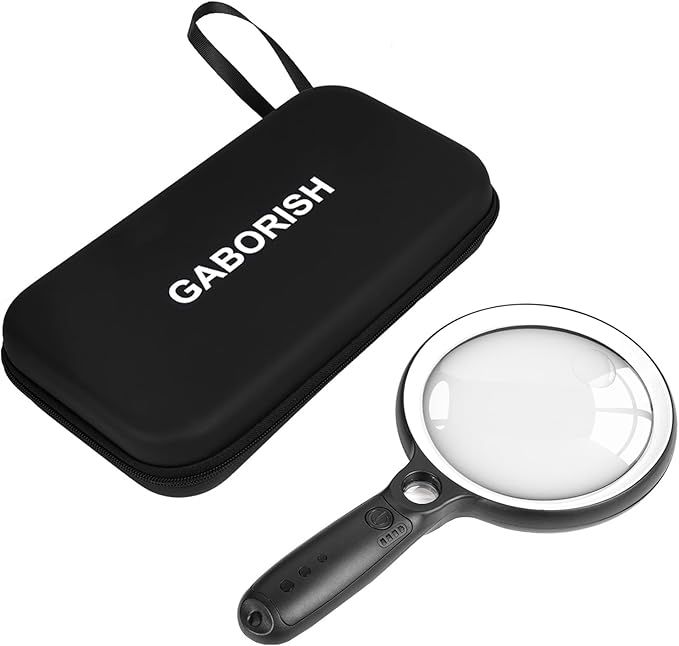 Large Magnifying Glass with 37 LED Light and Case, 10X 20X 45X Handheld Illuminated Lighted Magnifier with 3 Light Modes Rechargeable Magnifying Glass for Seniors Reading, Inspection (White & Black)