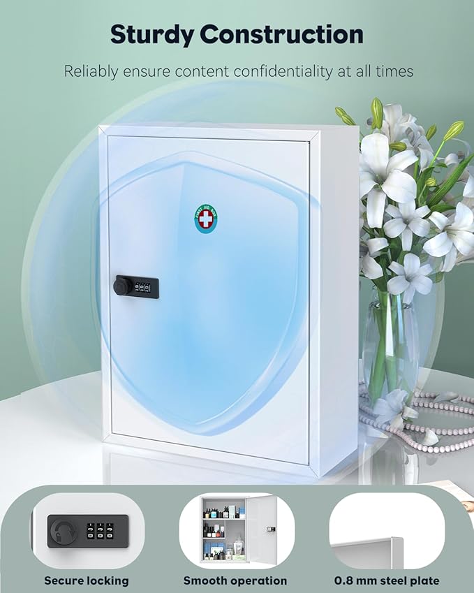 Uniclife Wall Mount Medicine Cabinet with Combination Lock, Locking First Aid Cabinet, Lockable Medical Cabinet, Large Capacity Medicine Organizer, Secure Steel Wall Cabinet Metal Storage Box, White