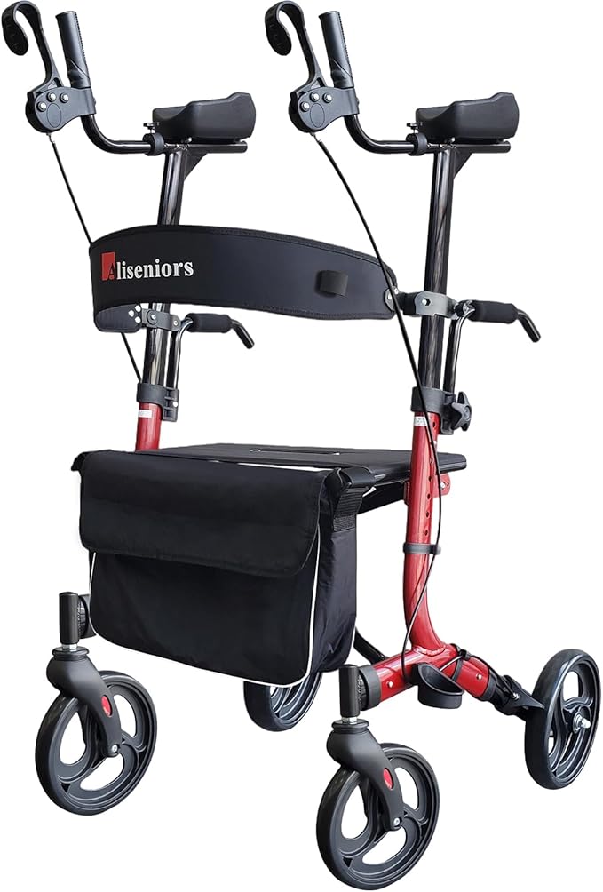 Aliseniors Upright Walker, Stand Up Rollator Walker with Seat, Foldable 4 Wheel Rolling Walker, Medical Aluminum Walkers for Seniors, Adjustable Padded Armrests, 8" Wheels, Supports 300lbs, Red
