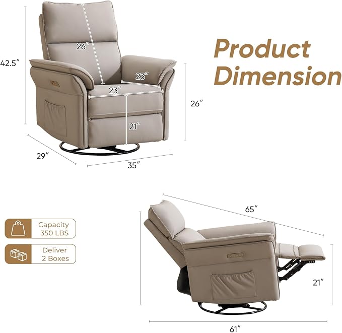 Power Nursery Recliner with Auto Rocking,Oversized Swivel Rocker Recliner with Massage and Heat,Glider Recliner Nursery Chair with Adjustable Headrest for Living Room and Bedroom,Faux Leather，Grey