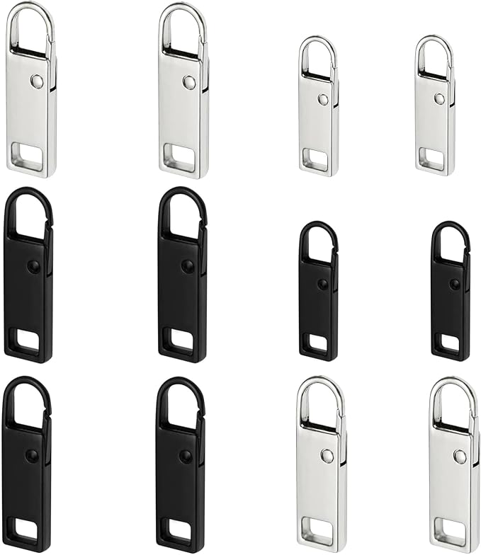 Urmspst Zipper Pull Replacement (Upgraded), 12 Pcs Detachable Zipper Pull Tabs for Luggage Clothing Jackets Backpacks Boots Purse Coat(2Size, 2 Color Black and Silver)