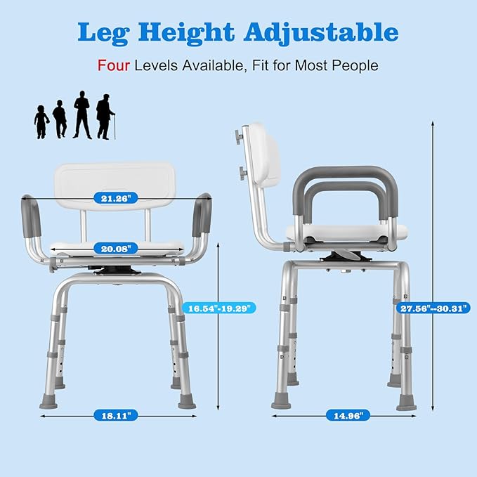 Swivel Shower Chair with Arms and Back, Heavy Duty 400lb Capacity 360° Swivel Stool for Elderly, Disabled & Bariatric Adults, for Shower & Tub, Tool-Free Height Adjustment(16.54"-19.29")