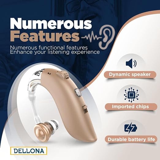 DELLONA High-Performance Hearing Aids for Seniors, OTC Rechargeable Hearing Aid for People with Severe Hearing Loss with Intelligent Noise Reduction (Pair), 4 Modes - Comfortable Hearing Aid devices for elderly, Over The Counter Hearing Aids (Beige - C)