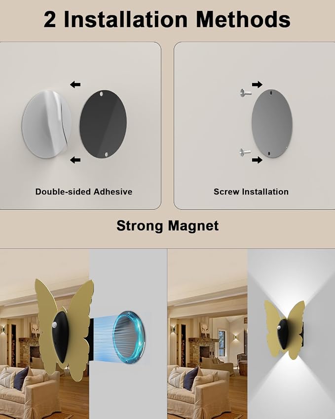 Eneru Motion Sensor Wall Sconce Set of 2, Rechargeable Wall Lights, Indoor | 5000mAh Battery Operated Wall Sconces, Motion Activated, Magnetic Butterfly Night Light for Hallway Stair Closet Pantry, Gold