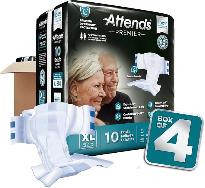 Attends Premier Adult Disposable SmartCool® Briefs, X-Large, 58-63" High-Rise Waist Tab Closure, Premium Overnight Dry-Lock Protection, Odor Control, 40ct Case