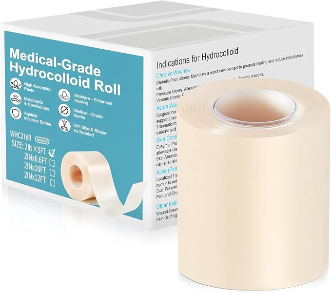 Hydrocolloid Roll Bandages - DIY Size & Shape, Extra Large Medical-Grade Hydrocolloid Bandages with Self-Adhesive, Ultra Absorbent, Flexible & Waterproof, First Aid Kit Essential(2in*5ft)