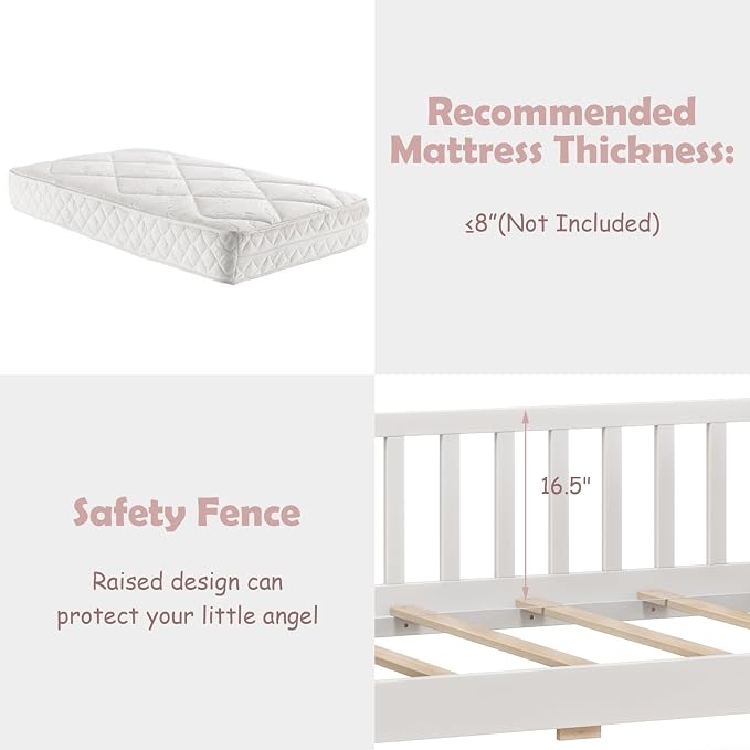 Giantex Twin House Bed with Drawers, Wooden Twin Bed Frame with Cube Storage & Fence Rails, Montessori Beds for Kids Boys, Girls, Bedroom, Living Room, No Box Spring Needed, White