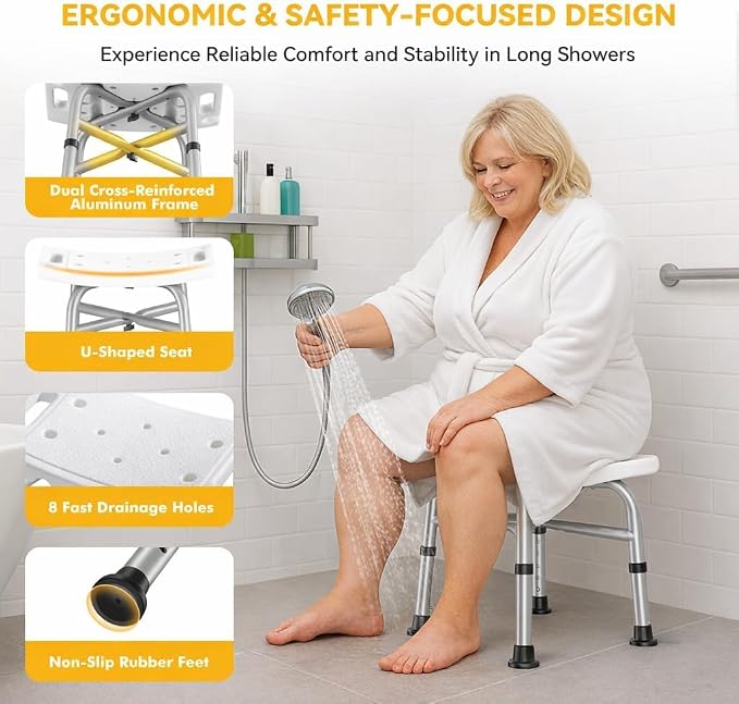 500 lbs Shower Chair for Inside Shower, Heavy Duty Adjustable Shower Stool with Suction Cups, Extra Wide Bath Bench for Adults, Elderly, Quick Assembly Shower Seat for Tub