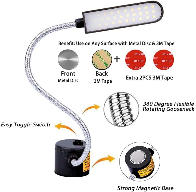 Sewing Machine Light LED Lighting (30LEDs) 6 Watt Multifunctional Flexible Gooseneck Arm Work Lamp with Magnetic Mounting Base for Workbench Lathe Drill Press 2 Pack