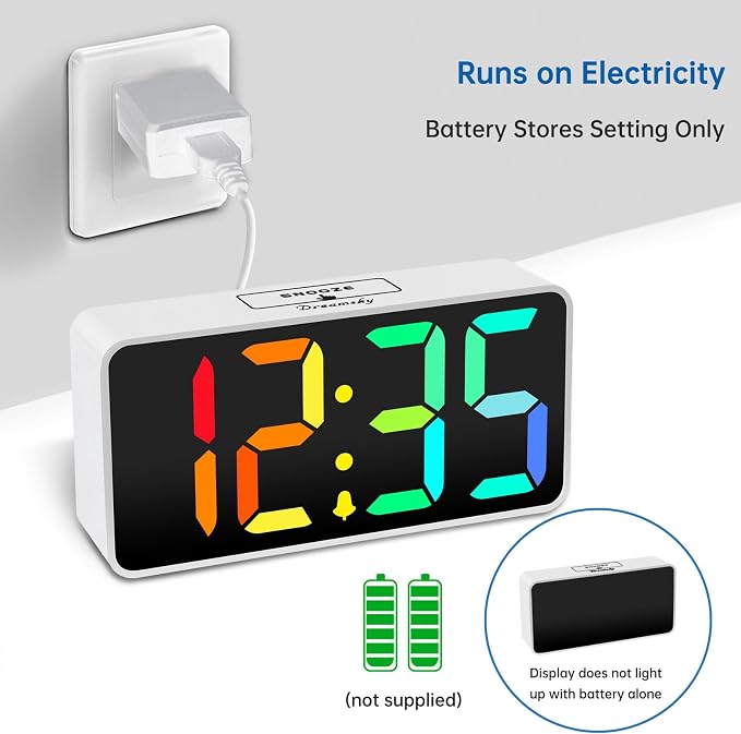DreamSky Small Digital Alarm Clock for Bedroom, RGB Desk Clock for Kid Girl | Electric Clock with Large Numbers for Bedside Nightstand, Dimmer, Adjustable Alarm Volume, USB Port, USB-C Adapter Powered