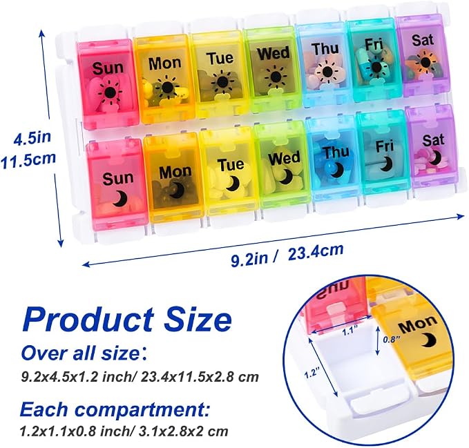 HRX Package Medicine Pill Boxes 7 Day AM/PM, Easy Fill & Open Medication Organizer Vitamin Reminder Holder Day and Night