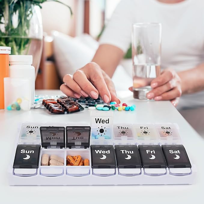 HRX Package Pill Organizer 2 Times a Day, Easy Fill & Open Weekly Medicine Box Vitamin Cases for 7 Day AM PM