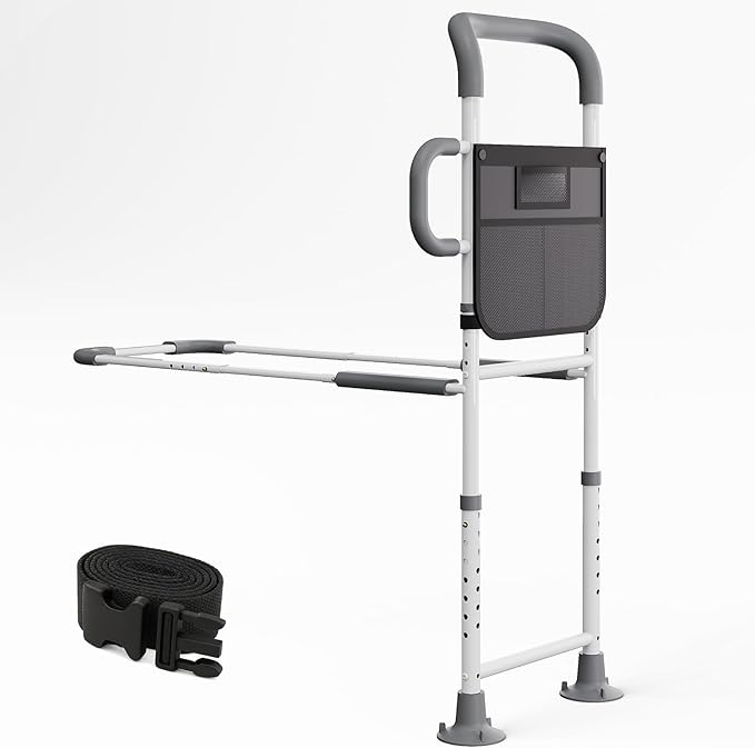 HOMEAL Bed Rails for Elderly Adults Safety - Adjustable Bed Assist Rails for Seniors, Adult Bed Guard Rail with Non-Slip Ergonomic Handle and Storage Pocket (Grey (Without Sensor Light), Long)