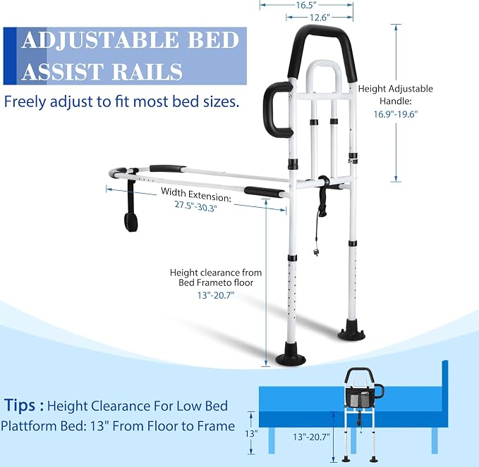 Bed Rails for Elderly Adults Safety, ASTM Approved Upgrade Bed Assist Rail for Seniors - Adjustable Bed Cane with Non-Slip Ergonomic Handle & Storage Pocket, Fit King Queen Full Twin Beds