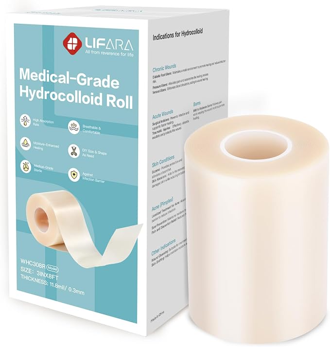 LIFARA Hydrocolloid Roll for Wound Care - Cut-to-Size, Extra Large Hydrocolloid Patch Bandages with Self-Adhesive, Waterproof, First Aid Kit Essential (3in*8ft, 11.8mils/ 0.3mm Thickness)